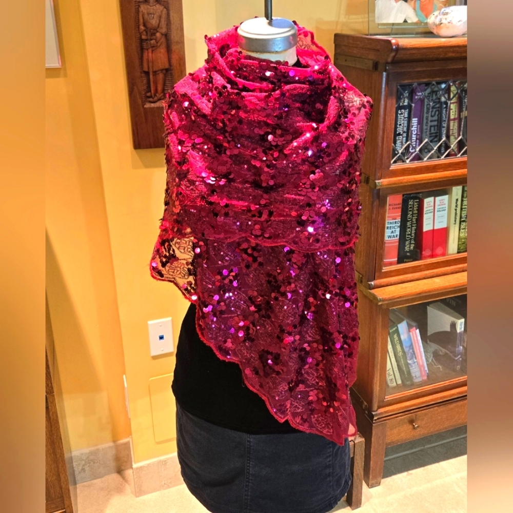 CEJON | red & sheer Sequined Vintage Evening shawl / Wrap / Scarf | One size